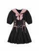 Preppy Style Lapel Bowknot Decoration Lace-Up Black-Pink Student Conservative Short-Sleeved One-Piece Swimsuit