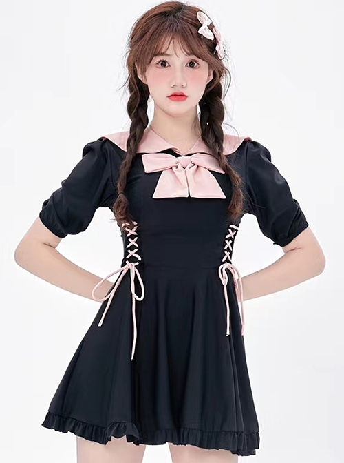 Preppy Style Lapel Bowknot Decoration Lace-Up Black-Pink Student Conservative Short-Sleeved One-Piece Swimsuit