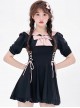 Preppy Style Lapel Bowknot Decoration Lace-Up Black-Pink Student Conservative Short-Sleeved One-Piece Swimsuit