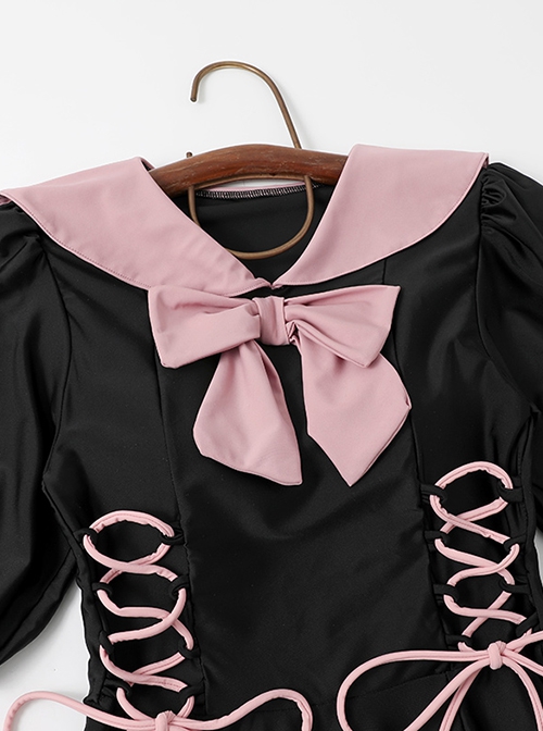Preppy Style Lapel Bowknot Decoration Lace-Up Black-Pink Student Conservative Short-Sleeved One-Piece Swimsuit