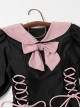 Preppy Style Lapel Bowknot Decoration Lace-Up Black-Pink Student Conservative Short-Sleeved One-Piece Swimsuit