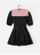 Preppy Style Lapel Bowknot Decoration Lace-Up Black-Pink Student Conservative Short-Sleeved One-Piece Swimsuit