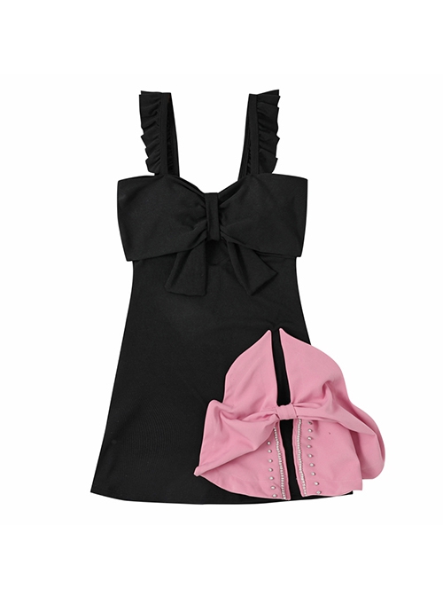 Sexy Slim Fit Hollow Black-Pink Color Contrast Oversized Bowknot Design Sleeveless One-Piece Swimsuit