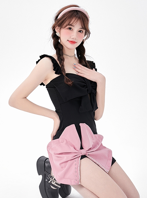 Sexy Slim Fit Hollow Black-Pink Color Contrast Oversized Bowknot Design Sleeveless One-Piece Swimsuit