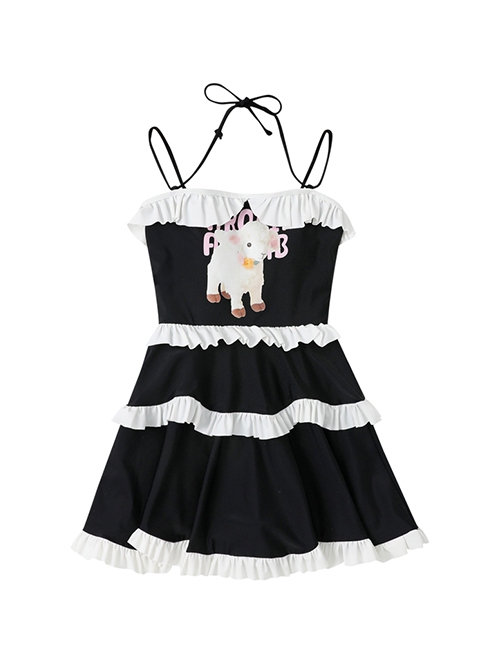 Cute Lamb Print Retro Age-Reducing Student Black White Simple Halter Neck Sleeveless One-Piece Swimsuit