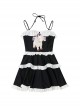 Cute Lamb Print Retro Age-Reducing Student Black White Simple Halter Neck Sleeveless One-Piece Swimsuit