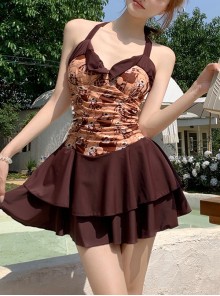 French Cute Cartoon Little Bear Print Sweet Girl Brown Lace-Up Sleeveless One-Piece Swimsuit