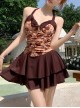 French Cute Cartoon Little Bear Print Sweet Girl Brown Lace-Up Sleeveless One-Piece Swimsuit