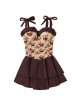 French Cute Cartoon Little Bear Print Sweet Girl Brown Lace-Up Sleeveless One-Piece Swimsuit