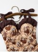 French Cute Cartoon Little Bear Print Sweet Girl Brown Lace-Up Sleeveless One-Piece Swimsuit