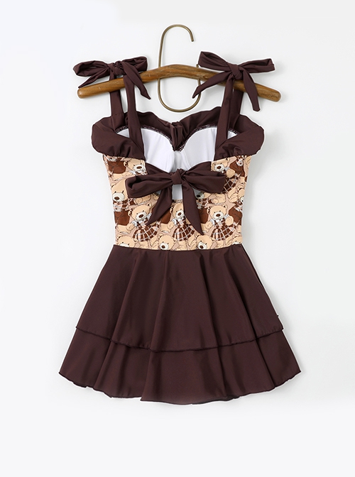 French Cute Cartoon Little Bear Print Sweet Girl Brown Lace-Up Sleeveless One-Piece Swimsuit