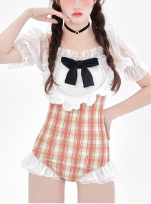 Orange Plaid Cute Puff Sleeve Lace Bowknot Decorated Slim Fit Short Sleeve One-Piece Swimsuit