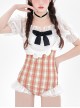 Orange Plaid Cute Puff Sleeve Lace Bowknot Decorated Slim Fit Short Sleeve One-Piece Swimsuit