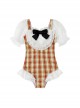 Orange Plaid Cute Puff Sleeve Lace Bowknot Decorated Slim Fit Short Sleeve One-Piece Swimsuit