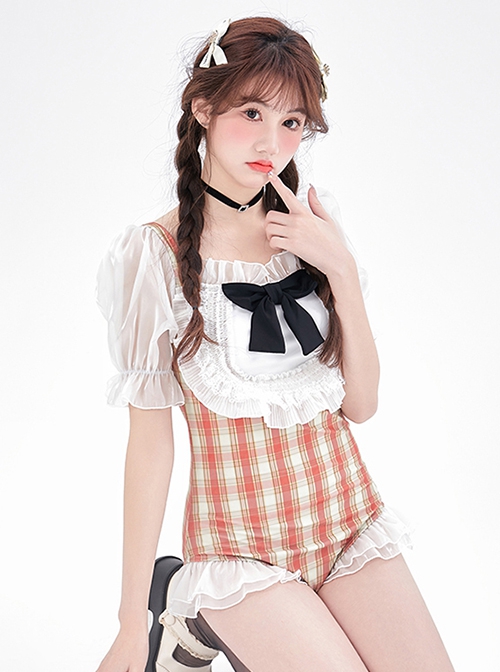 Orange Plaid Cute Puff Sleeve Lace Bowknot Decorated Slim Fit Short Sleeve One-Piece Swimsuit