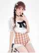 Orange Plaid Cute Puff Sleeve Lace Bowknot Decorated Slim Fit Short Sleeve One-Piece Swimsuit