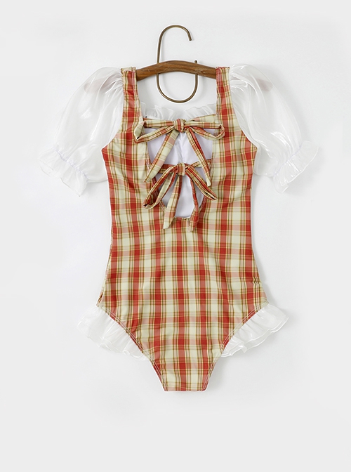 Orange Plaid Cute Puff Sleeve Lace Bowknot Decorated Slim Fit Short Sleeve One-Piece Swimsuit