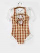 Orange Plaid Cute Puff Sleeve Lace Bowknot Decorated Slim Fit Short Sleeve One-Piece Swimsuit