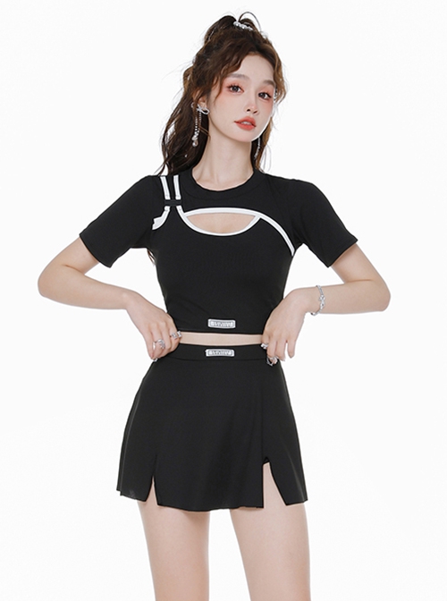 College Style Black Sports Girl Sexy Hollow Summer Simple Short-Sleeved Split Type Swimsuit