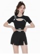 College Style Black Sports Girl Sexy Hollow Summer Simple Short-Sleeved Split Type Swimsuit