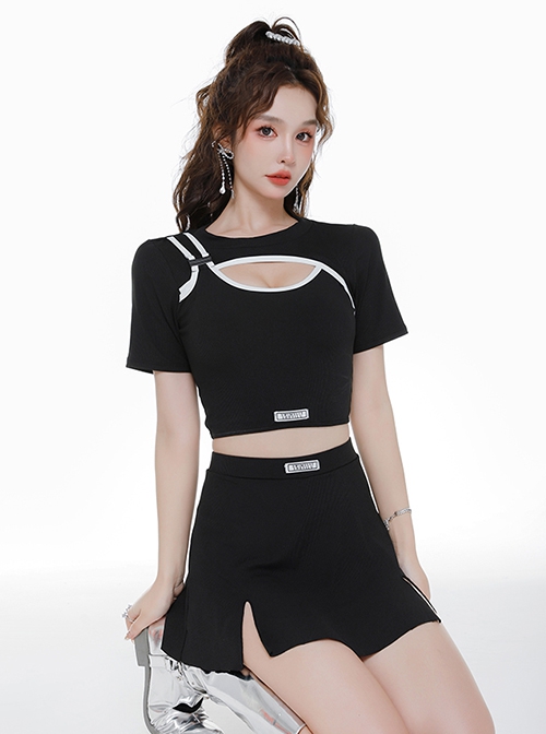 College Style Black Sports Girl Sexy Hollow Summer Simple Short-Sleeved Split Type Swimsuit