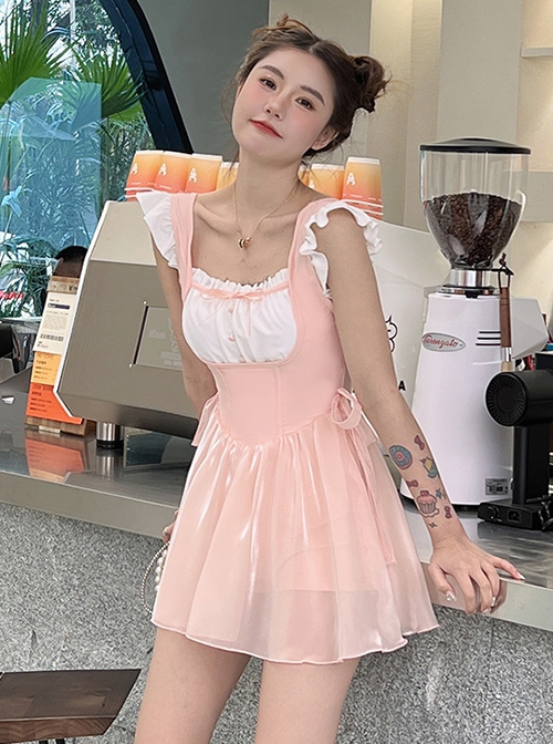 Cute Maid Sexy Square Neck Backless Lace-Up Summer Sleeveless One-Piece Swimsuit