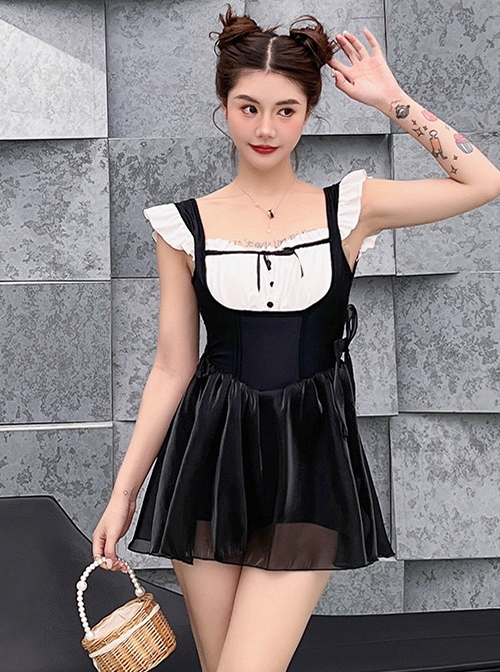 Cute Maid Sexy Square Neck Backless Lace-Up Summer Sleeveless One-Piece Swimsuit