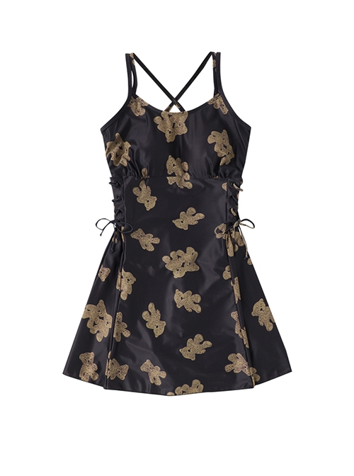 Cute Little Bear Print Simple Black Lace-Up Design Slim Fit Sleeveless One-Piece Swimsuit