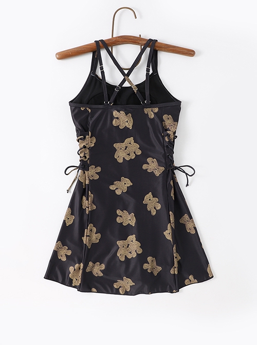 Cute Little Bear Print Simple Black Lace-Up Design Slim Fit Sleeveless One-Piece Swimsuit