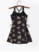 Cute Little Bear Print Simple Black Lace-Up Design Slim Fit Sleeveless One-Piece Swimsuit
