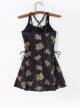 Cute Little Bear Print Simple Black Lace-Up Design Slim Fit Sleeveless One-Piece Swimsuit