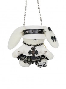 Punk Style Rivet PU Leather White Cute Plush Rabbit Cross Rose Lace Decoration Punk Lolita Shoulder Messenger Bag