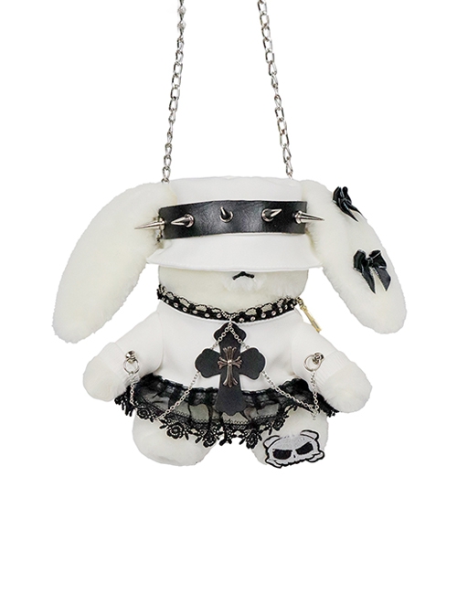 Punk Style Rivet PU Leather White Cute Plush Rabbit Cross Rose Lace Decoration Punk Lolita Shoulder Messenger Bag