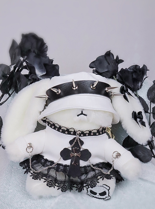 Punk Style Rivet PU Leather White Cute Plush Rabbit Cross Rose Lace Decoration Punk Lolita Shoulder Messenger Bag