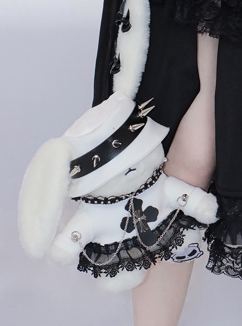 Punk Style Rivet PU Leather White Cute Plush Rabbit Cross Rose Lace Decoration Punk Lolita Shoulder Messenger Bag
