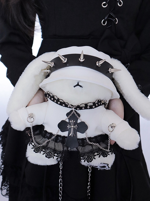 Punk Style Rivet PU Leather White Cute Plush Rabbit Cross Rose Lace Decoration Punk Lolita Shoulder Messenger Bag