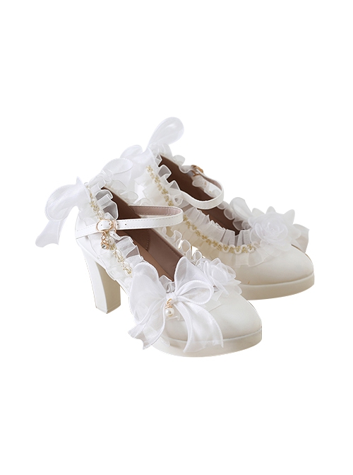 Elegant Ribbon Bowknot Flower Decoration Pointed Toe Classic Lolita Daily All-Match Shoes