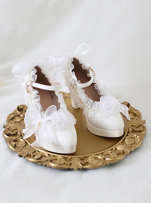 Elegant Ribbon Bowknot Flower Decoration Pointed Toe Classic Lolita Daily All-Match Shoes