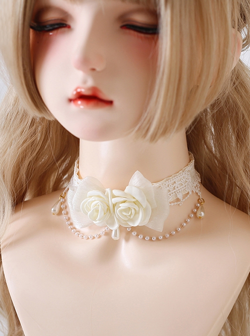 Daily All-Match Flower Lace Bead Chain Elegant White Classic Lolita Necklace