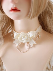 White Bowknot Flower Lace Bead Chain Decoration Daily All-Match Classic Lolita Necklace