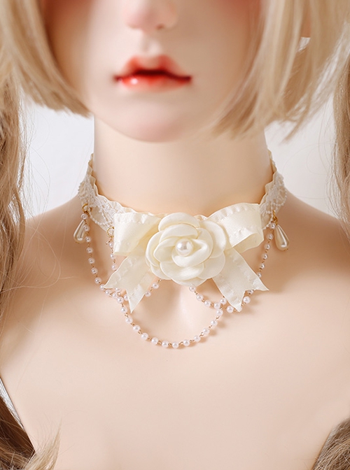 White Bowknot Flower Lace Bead Chain Decoration Daily All-Match Classic Lolita Necklace