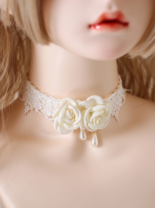 White Camellia Flower Water Drop Design Daily Lace Elegant All-Match Classic Lolita Necklace