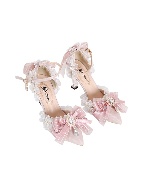 Sweet Pink Elegant Bowknot Rhinestone Decoration Pointy Stiletto Sweet Lolita Shoes