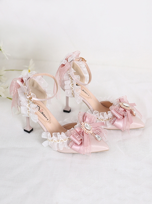 Sweet Pink Elegant Bowknot Rhinestone Decoration Pointy Stiletto Sweet Lolita Shoes