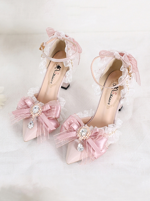 Sweet Pink Elegant Bowknot Rhinestone Decoration Pointy Stiletto Sweet Lolita Shoes