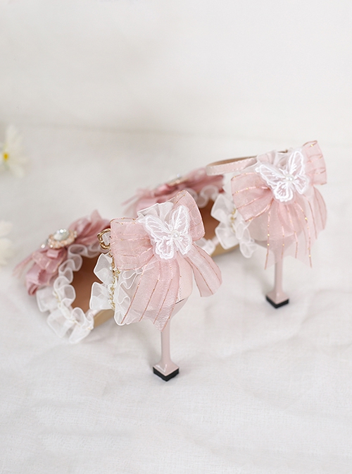 Sweet Pink Elegant Bowknot Rhinestone Decoration Pointy Stiletto Sweet Lolita Shoes