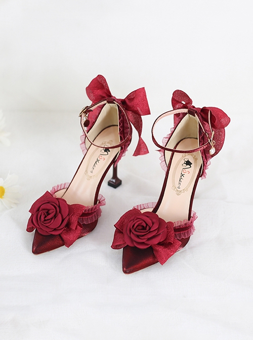 Camellia Flower Elegant Ribbon Bowknot Pure Color Classic Lolita Shoes