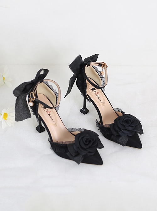 Camellia Flower Elegant Ribbon Bowknot Pure Color Classic Lolita Shoes