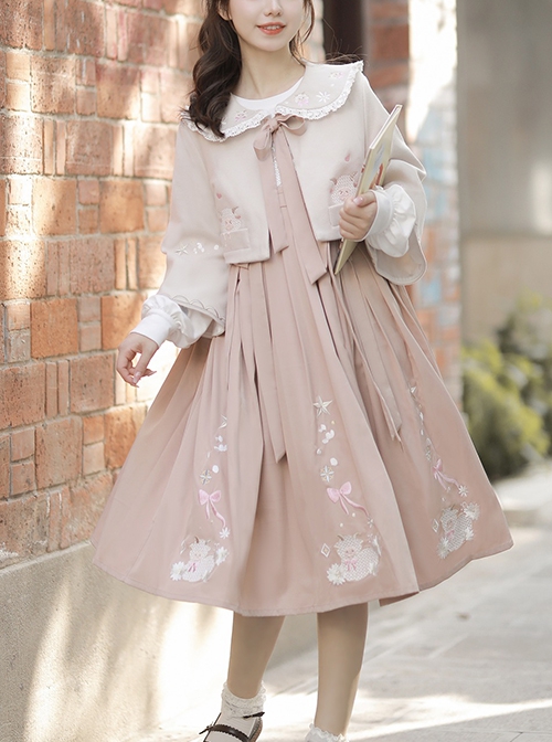 Little Sheep Series Pink Doll Collar Embroidered Chinese Elements Pleated Hem Classic Lolita Autumn Winter Long Sleeves Dress Set