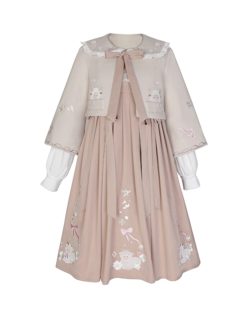 Little Sheep Series Pink Doll Collar Embroidered Chinese Elements Pleated Hem Classic Lolita Autumn Winter Long Sleeves Dress Set